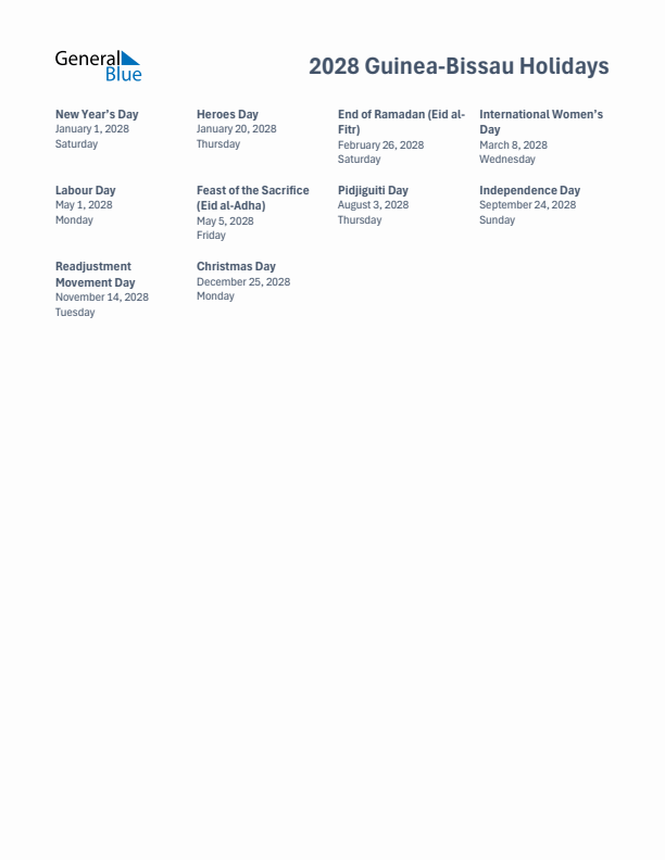 Free printable list of Guinea-Bissau holidays for year 2028