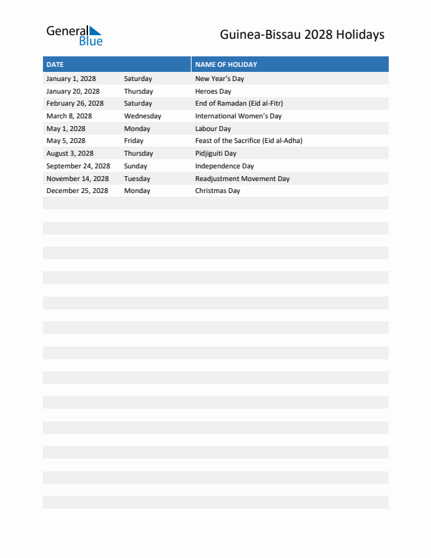 Free printable list of Guinea-Bissau holidays for year 2028
