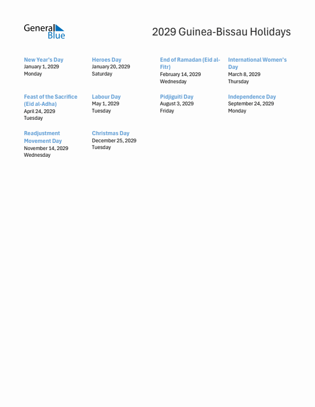 Free printable list of Guinea-Bissau holidays for year 2029
