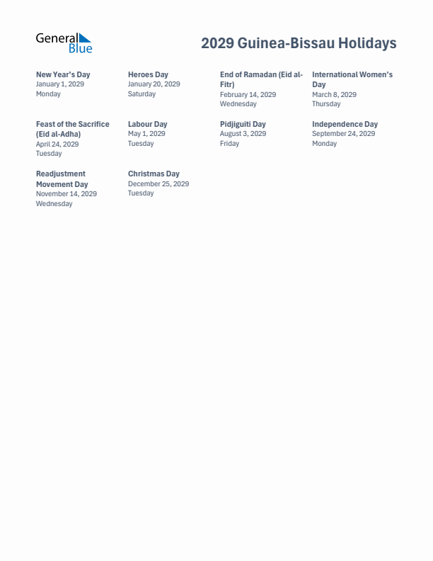 Free printable list of Guinea-Bissau holidays for year 2029