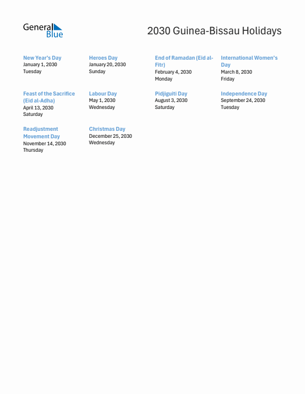 Free printable list of Guinea-Bissau holidays for year 2030