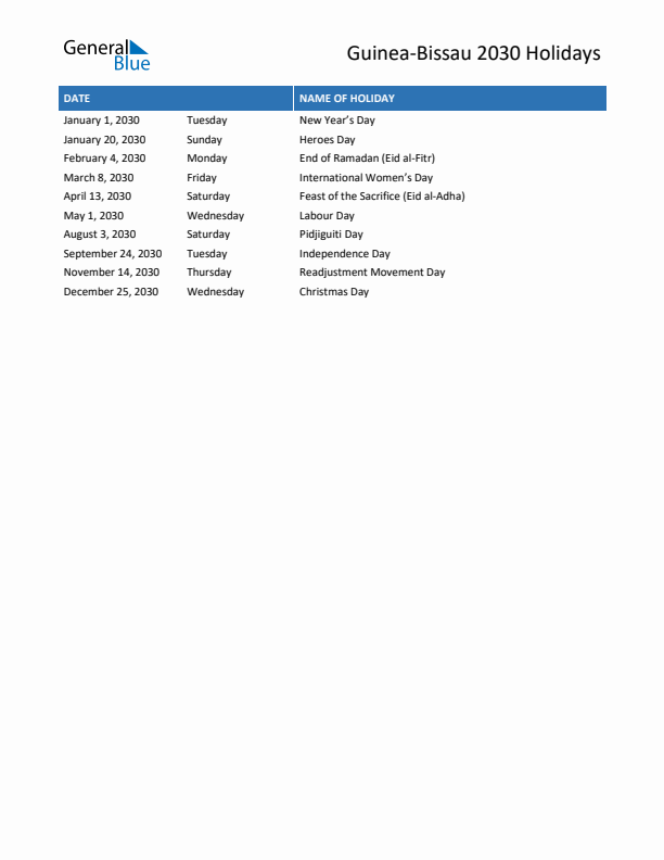 Free printable list of Guinea-Bissau holidays for year 2030