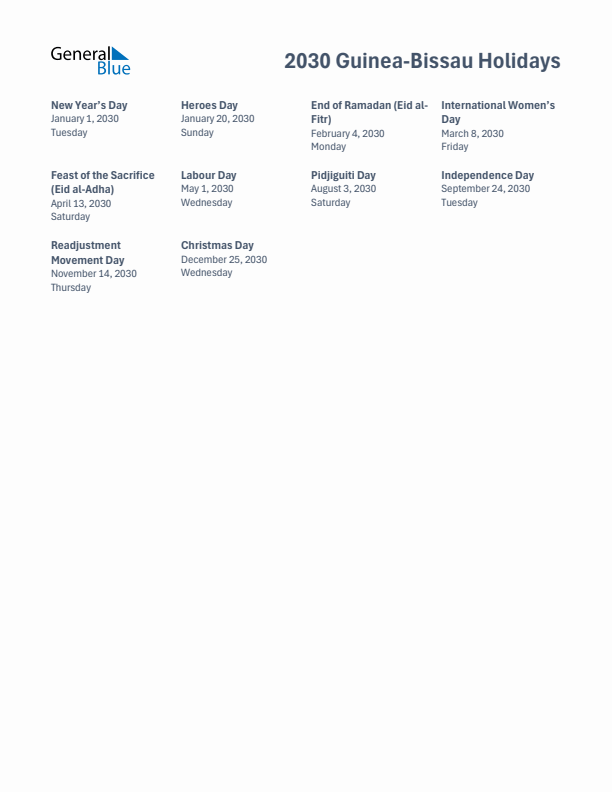 Free printable list of Guinea-Bissau holidays for year 2030