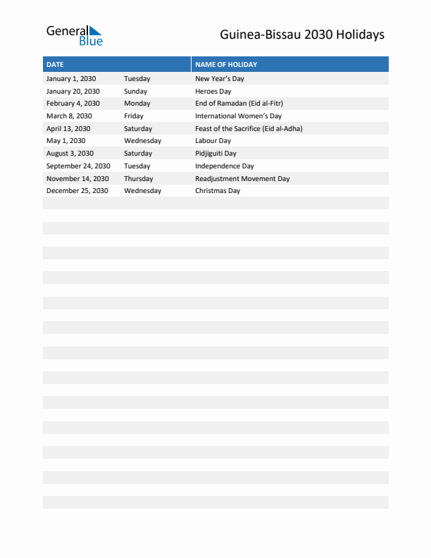 Free printable list of Guinea-Bissau holidays for year 2030