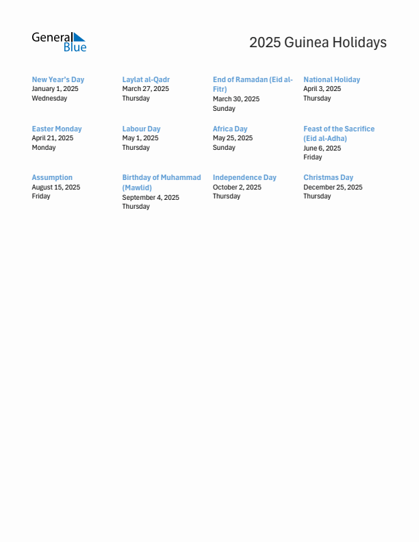 Free printable list of Guinea holidays for year 2025