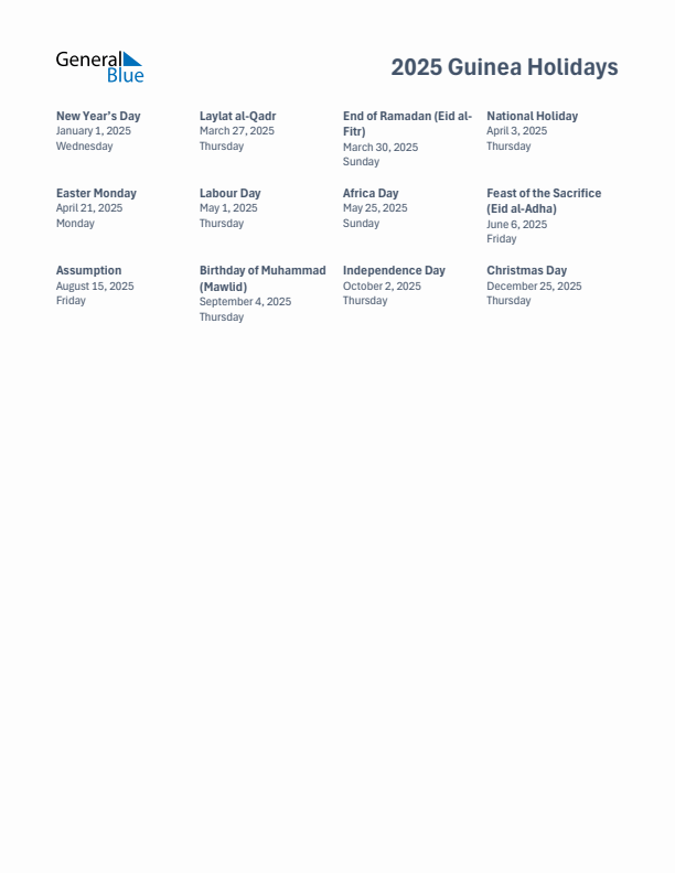 Free printable list of Guinea holidays for year 2025