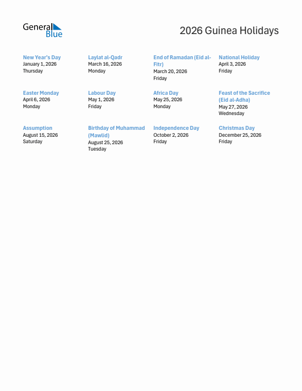 Free printable list of Guinea holidays for year 2026