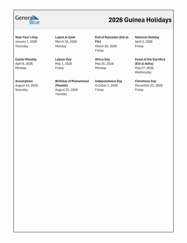 Free printable list of Guinea holidays for year 2026