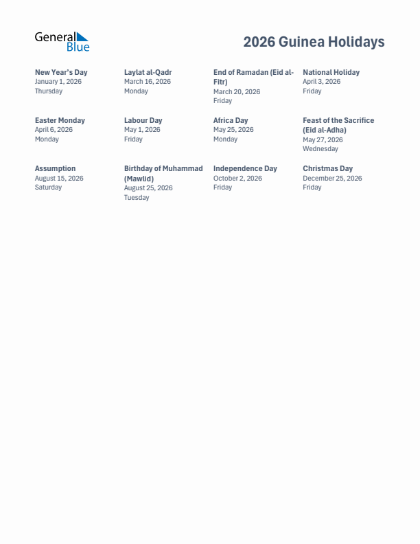 Free printable list of Guinea holidays for year 2026