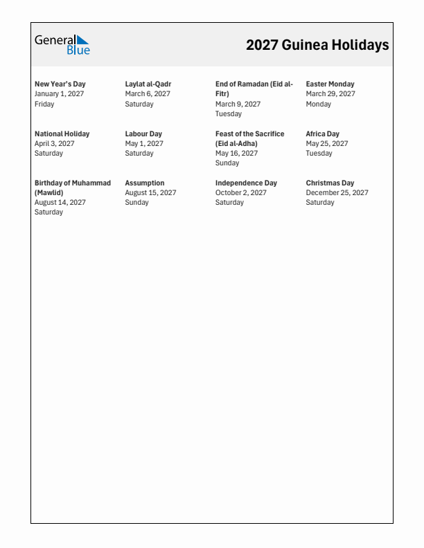 Free printable list of Guinea holidays for year 2027