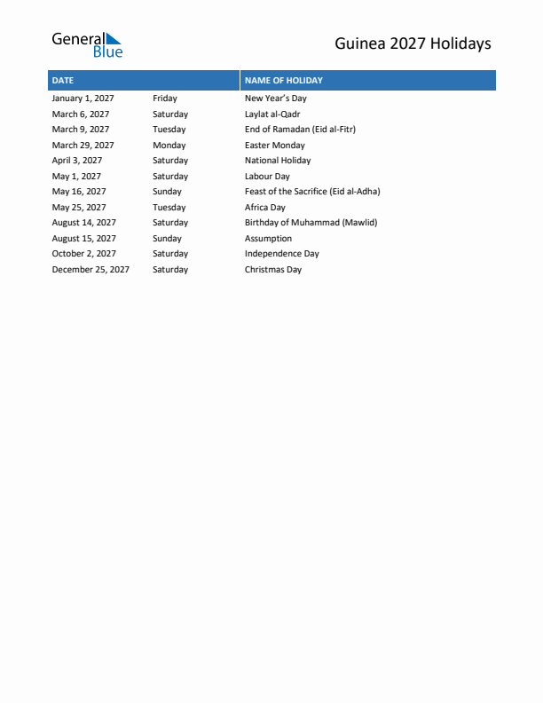 Free printable list of Guinea holidays for year 2027