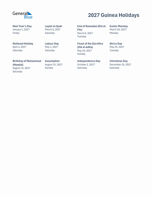 Free printable list of Guinea holidays for year 2027