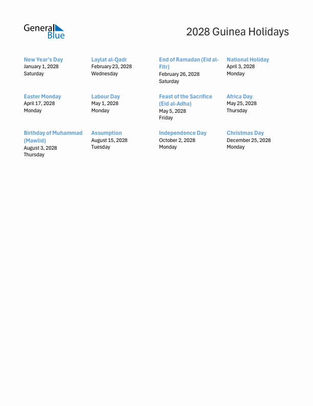 Free printable list of Guinea holidays for year 2028