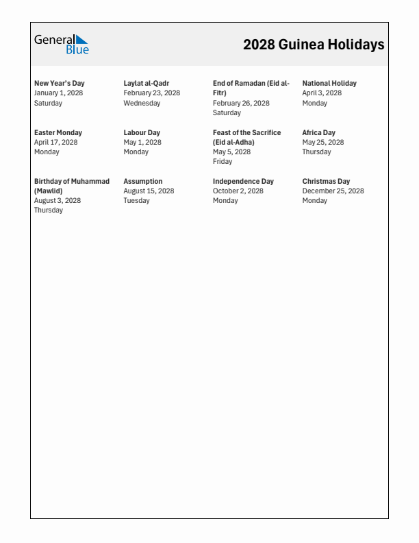 Free printable list of Guinea holidays for year 2028