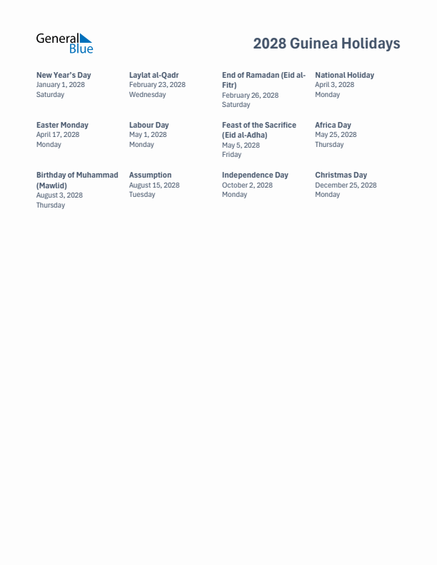 Free printable list of Guinea holidays for year 2028