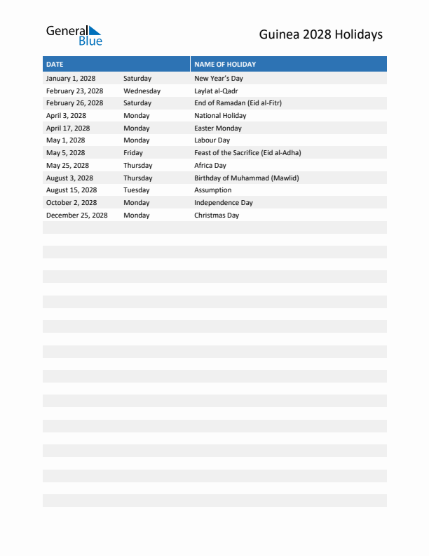 Free printable list of Guinea holidays for year 2028