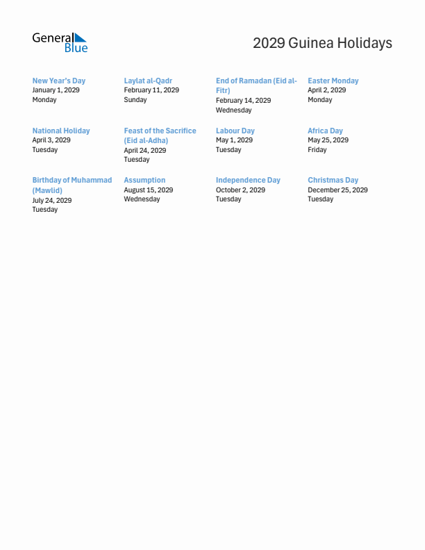 Free printable list of Guinea holidays for year 2029