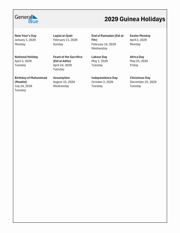 Free printable list of Guinea holidays for year 2029