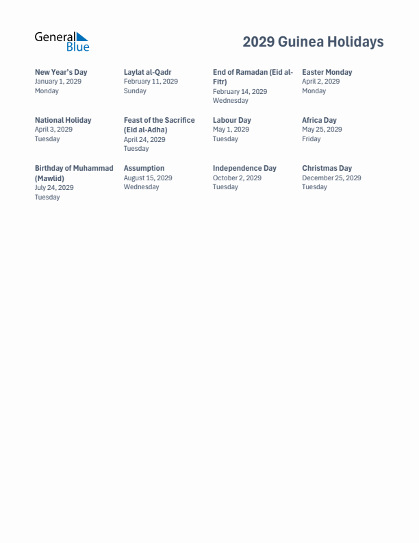 Free printable list of Guinea holidays for year 2029