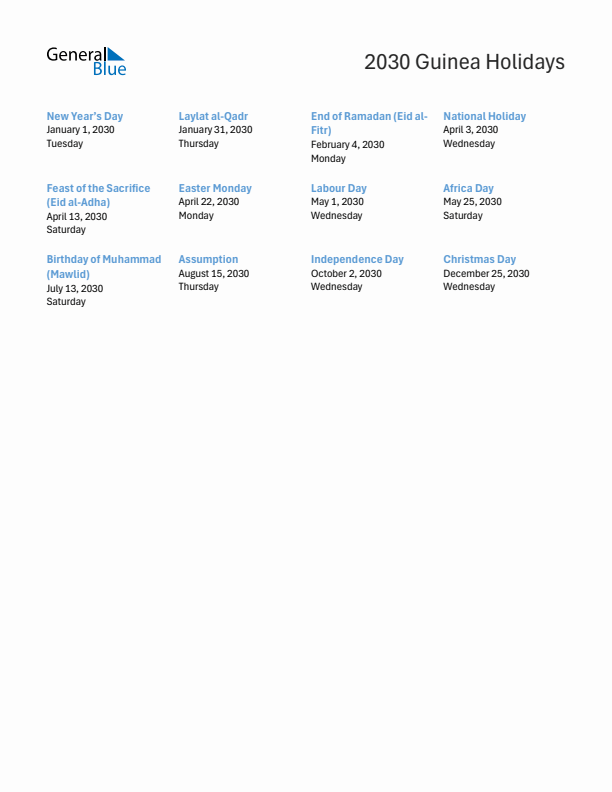 Free printable list of Guinea holidays for year 2030
