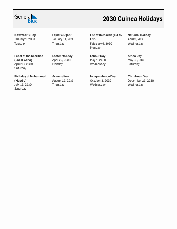 Free printable list of Guinea holidays for year 2030