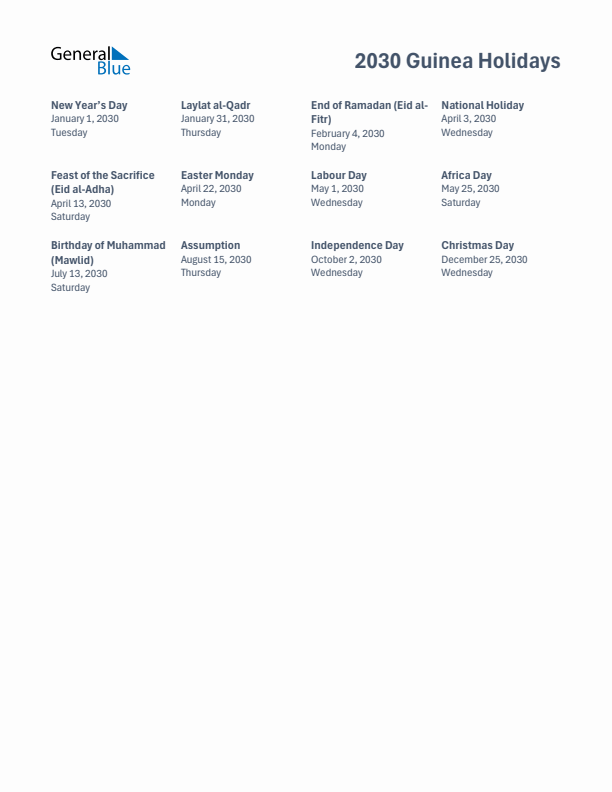 Free printable list of Guinea holidays for year 2030