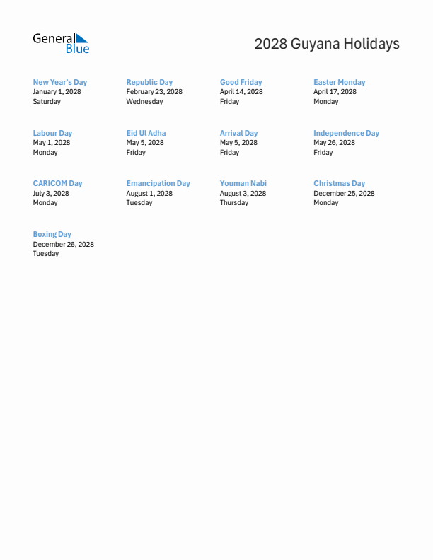 Free printable list of Guyana holidays for year 2028