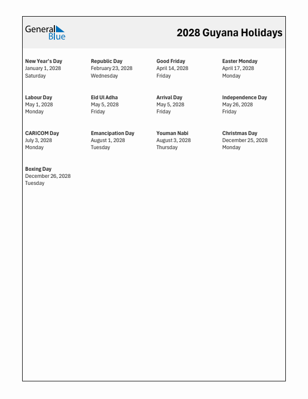 Free printable list of Guyana holidays for year 2028