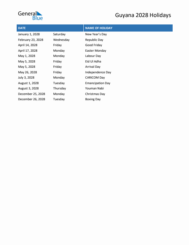 Free printable list of Guyana holidays for year 2028