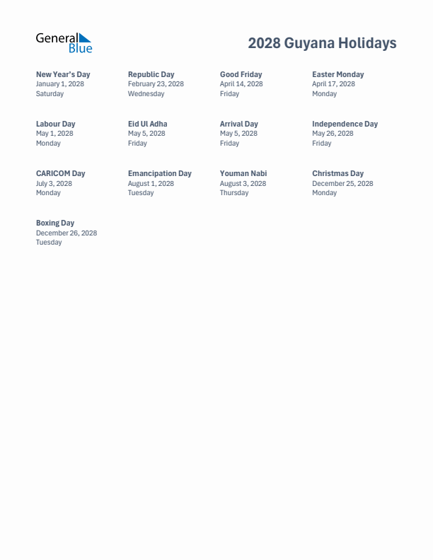 Free printable list of Guyana holidays for year 2028