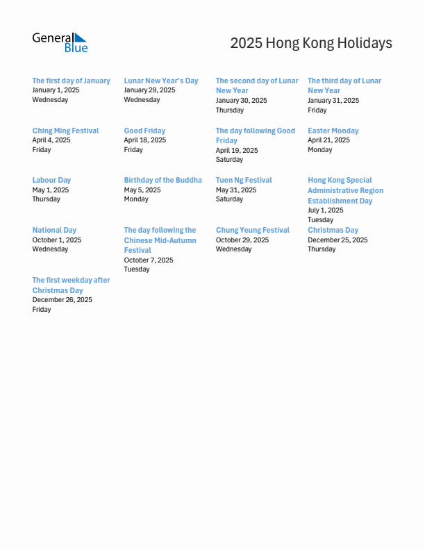Free printable list of Hong Kong holidays for year 2025
