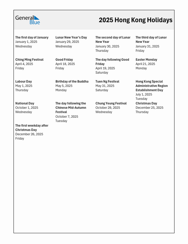 Free printable list of Hong Kong holidays for year 2025
