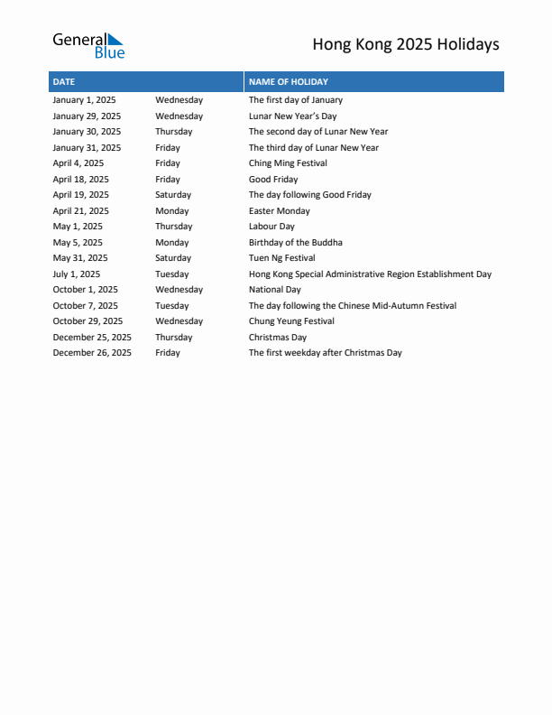 Free printable list of Hong Kong holidays for year 2025