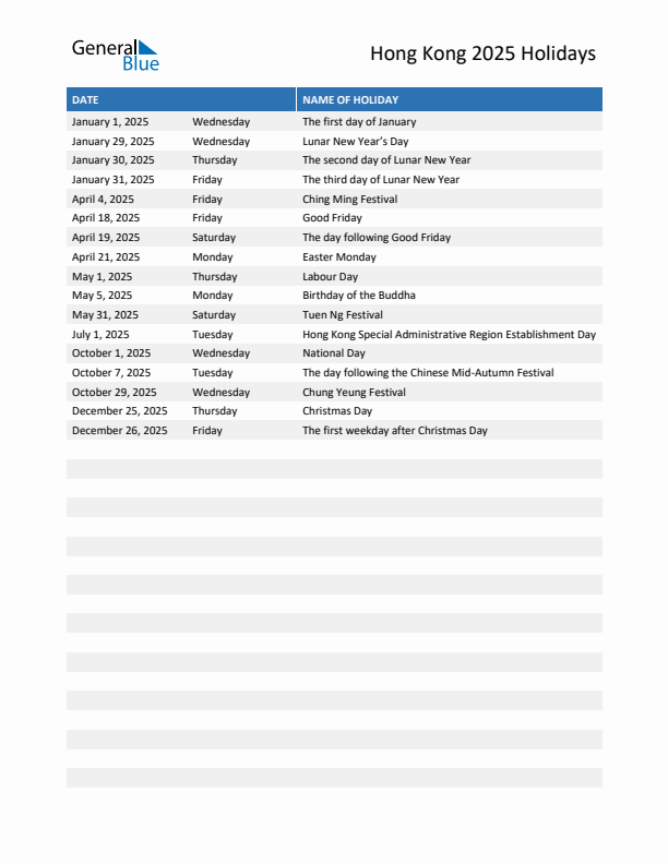 Free printable list of Hong Kong holidays for year 2025