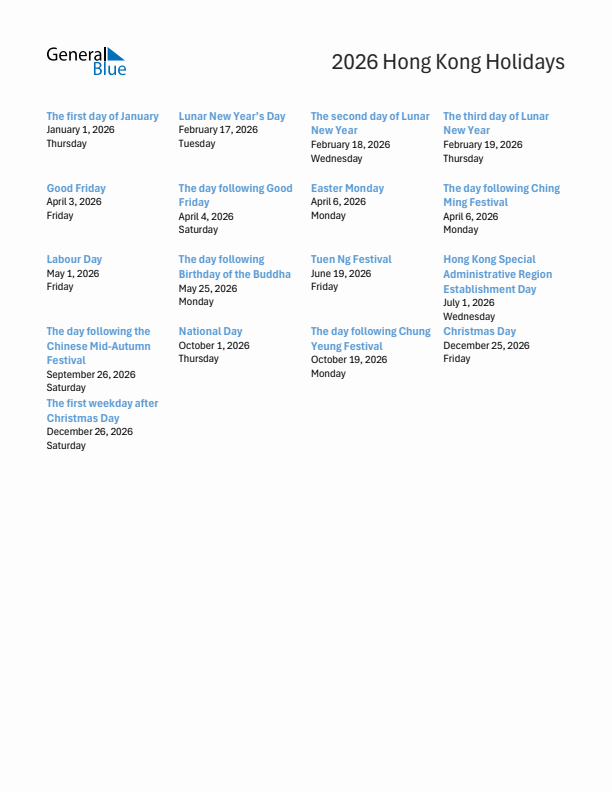 Free printable list of Hong Kong holidays for year 2026