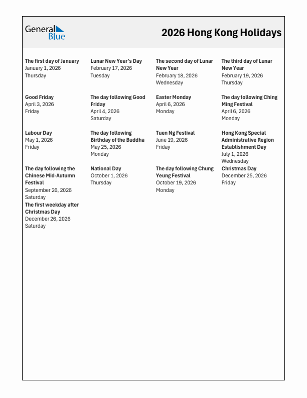 Free printable list of Hong Kong holidays for year 2026