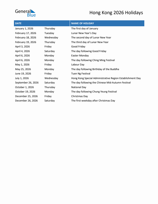 Free printable list of Hong Kong holidays for year 2026