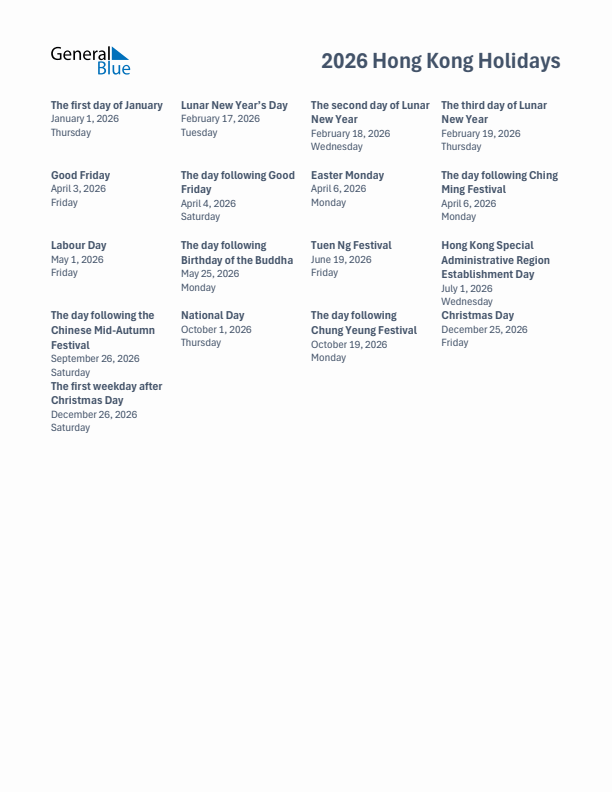Free printable list of Hong Kong holidays for year 2026