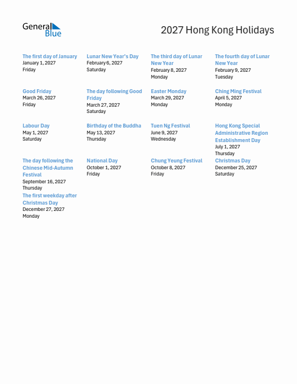 Free printable list of Hong Kong holidays for year 2027