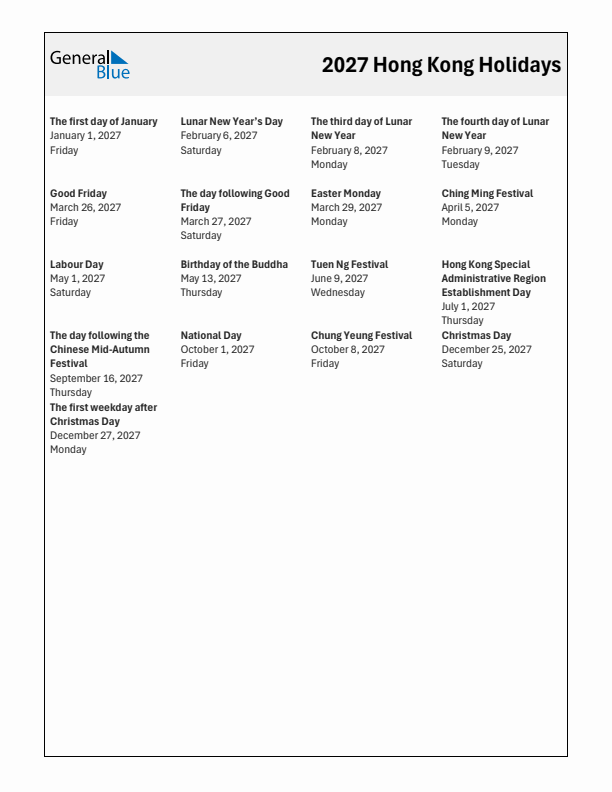 Free printable list of Hong Kong holidays for year 2027