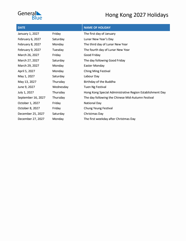 Free printable list of Hong Kong holidays for year 2027