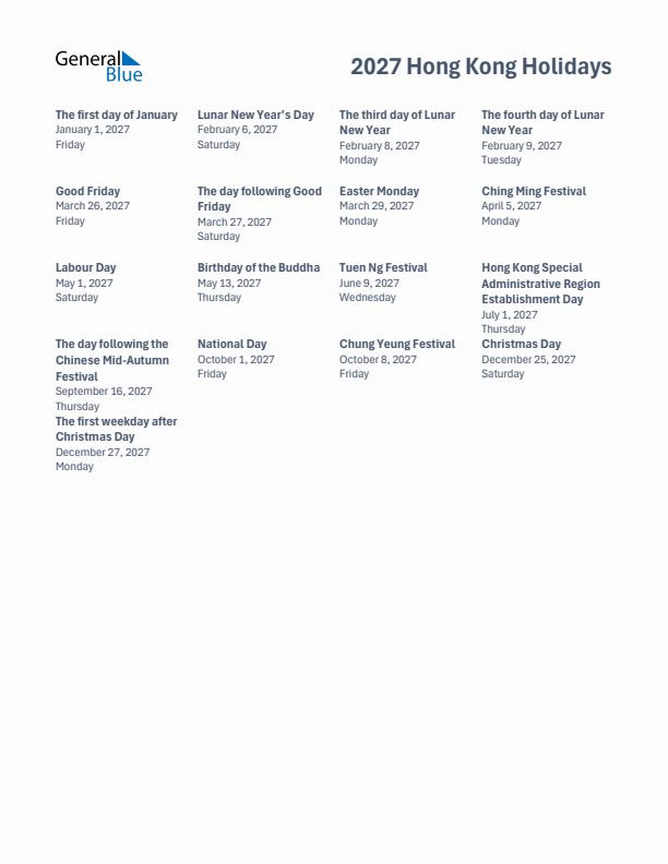 Free printable list of Hong Kong holidays for year 2027