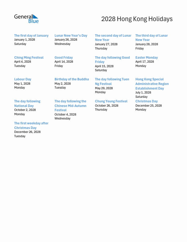 Free printable list of Hong Kong holidays for year 2028