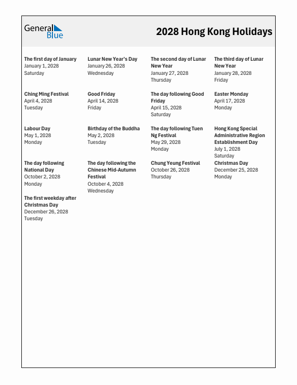 Free printable list of Hong Kong holidays for year 2028