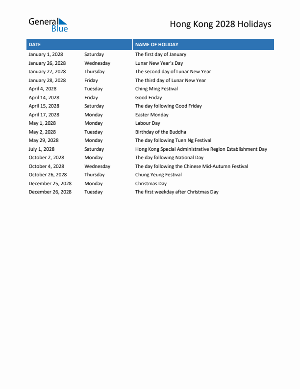 Free printable list of Hong Kong holidays for year 2028