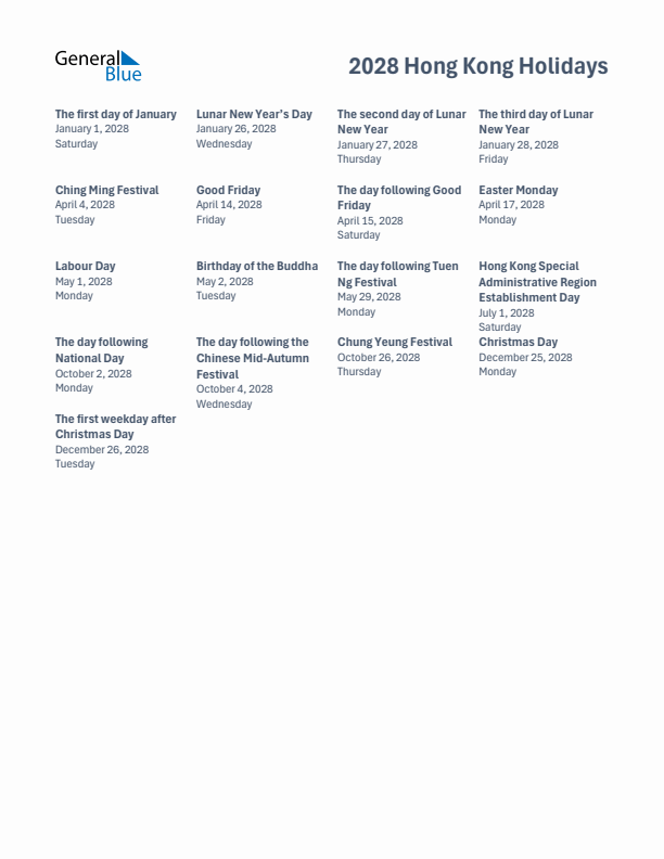Free printable list of Hong Kong holidays for year 2028