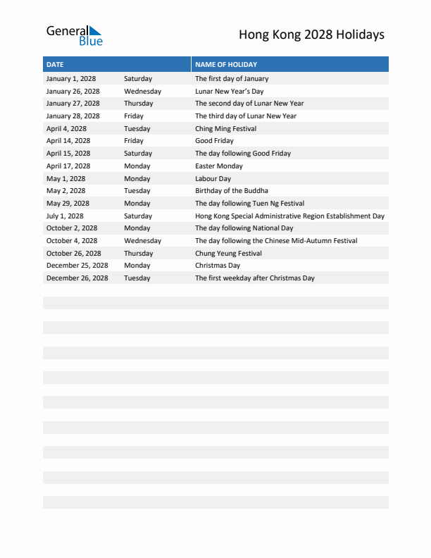 Free printable list of Hong Kong holidays for year 2028
