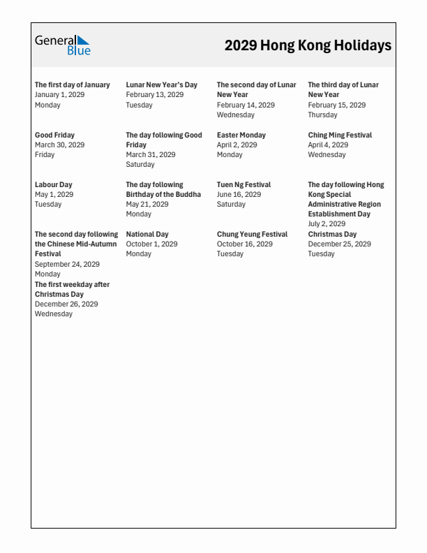 Free printable list of Hong Kong holidays for year 2029