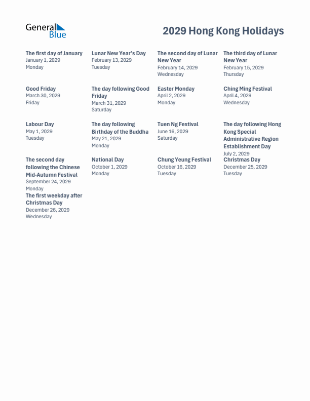 Free printable list of Hong Kong holidays for year 2029