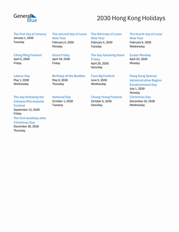 Free printable list of Hong Kong holidays for year 2030
